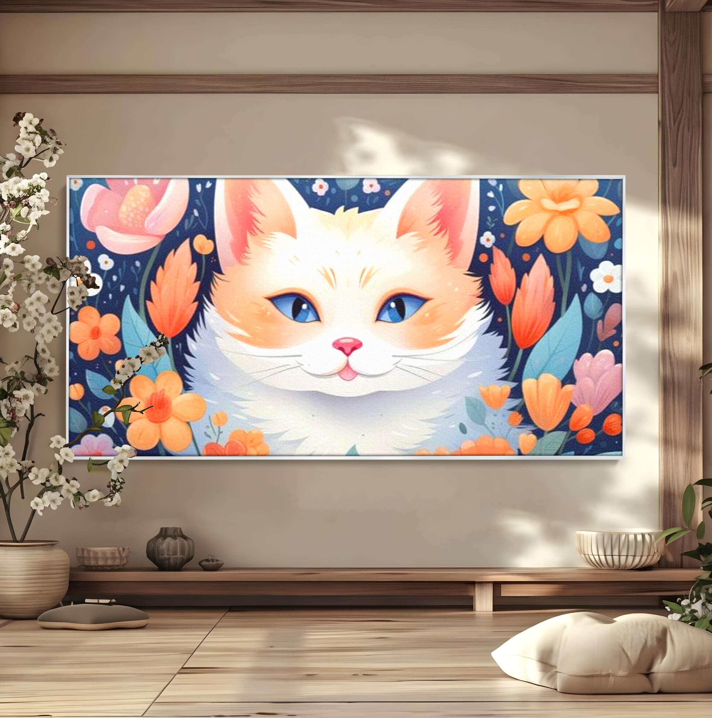 Tablou canvas cu ilustratie digitala cu pisica alba si flori, in rama de aluminiu argintiu